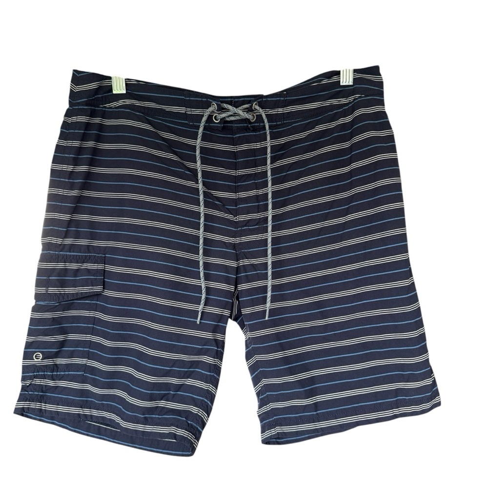 J. Crew Men's Navy Blue with White Stripe Swim Shorts Trunks Size 32 Inseam 9 In